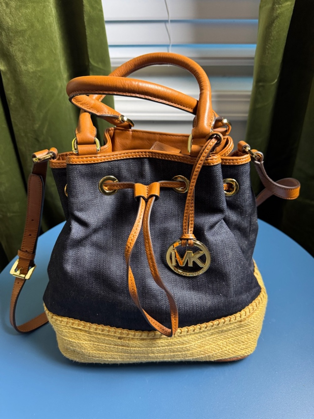Michael Kors Black and Tan Drawstring Shoulder Bag with Yellow Trim